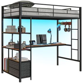Twin Loft Bed with Desk & Storage Shelves and Drawers, Twin Loft Bed Metal with LED Lights, Charging Station, Black