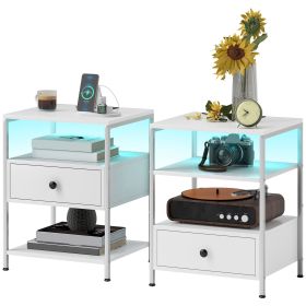 Set of 2 Side Tables with Charging Stations and LED Lights, End Tables with Drawer and Shelves for Living Room, White