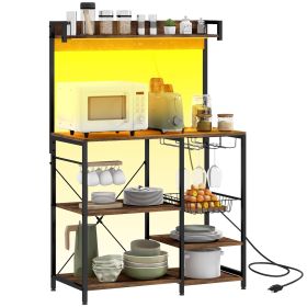 Industrial Rustic Brown Kitchen Baker's Rack with Charging Station, RGB Lights, Glass Holders & Open Shelves