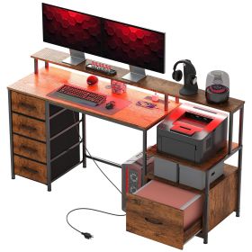 Computer Desk with Power Outlets and LED Lights, 67" Computer Table with File Cabinet and Fabric Drawers, Rustic Brown