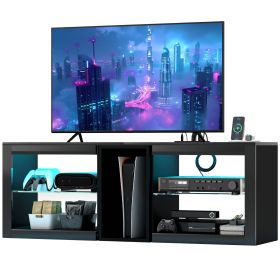 Below TV Cabinet for 55'' TV, Black Entertainment Center with 5 Storages, Power Outlets, LED Lights, Adjustable Shelves