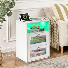 FCH White Hemp Surface Particle Board Changhong Glass 40*35*60cm 2 Drawers 1-Layer Bedside Table Wireless Charging + 2 USB + 2 sockets Light Stri
