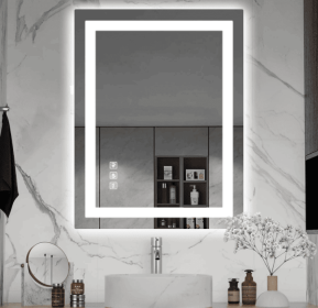 LED wall mirror with three-color temperature (RGB) and smart touch button control, featuring dimmable, anti-fog (S1R5070UL20"x28": S1R5070UL24"x28")