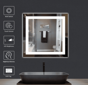 LED wall mirror with three-color temperature (RGB) and smart touch button control, featuring dimmable, anti-fog (S1R5070UL20"x28": S1R7690UL30"x36")