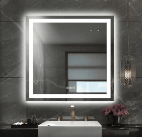 LED wall mirror with three-color temperature (RGB) and smart touch button control, featuring dimmable, anti-fog (S1R5070UL20"x28": S1R5070UL28"x36")