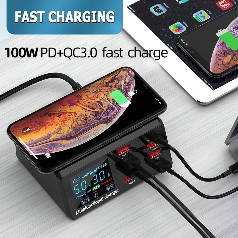 100W Quick Charge 3.0 8-Port USB Fast Charger; USB Hub Fast Charging ...